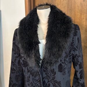 MERONA BLACK JUAQUARD TAPESTRY WINTER DRESS COAT REMOVABLE FAUX FUR COLLAR SZ M